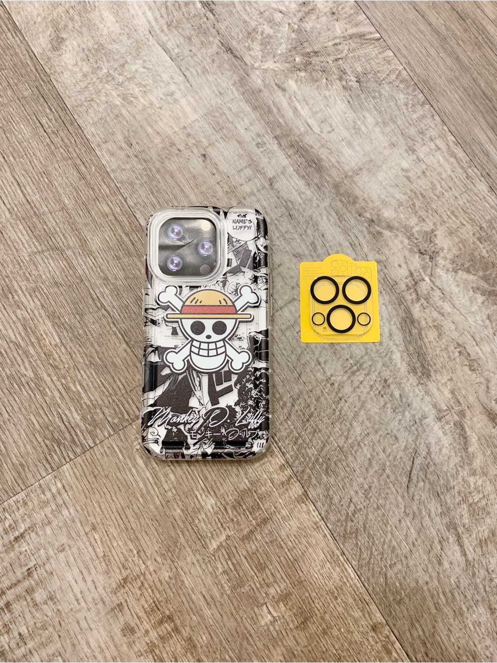 One Piece Black White Logo Luffy Anime Iphone 15 Pro Case with Lens Protector